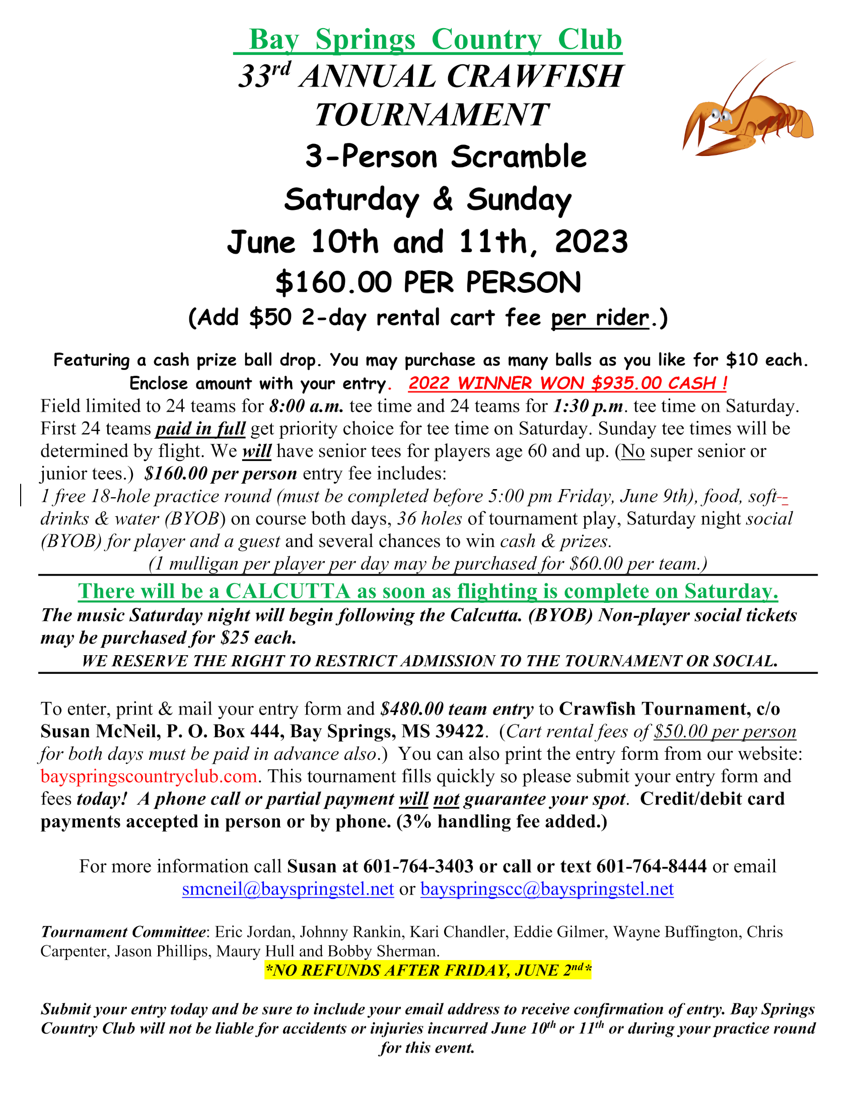 33rd Annual Crawfish Tournament 3-Person Scramble Flyer & Entry Form